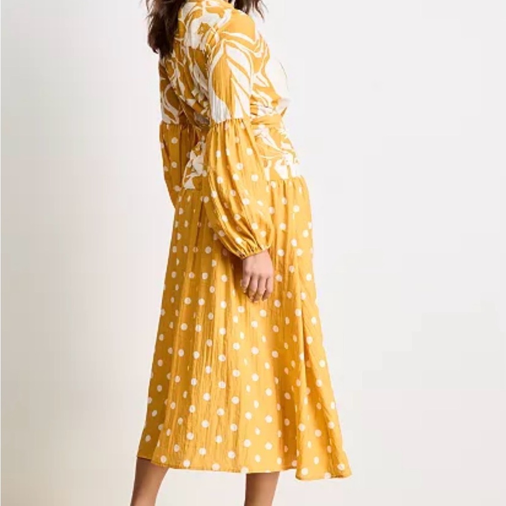 Yellow and White Polka Dot Button Front Drop Waist Maxi Dress No Belt XS NWT